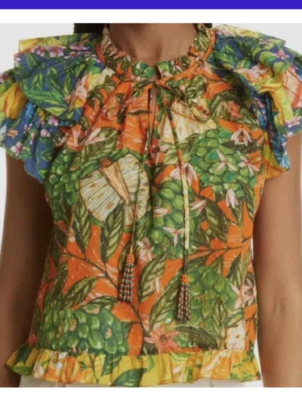 FARM RIO Caipirinha Tropical Floral Flutter Ruffle Sleeves Beaded Tassel Top M